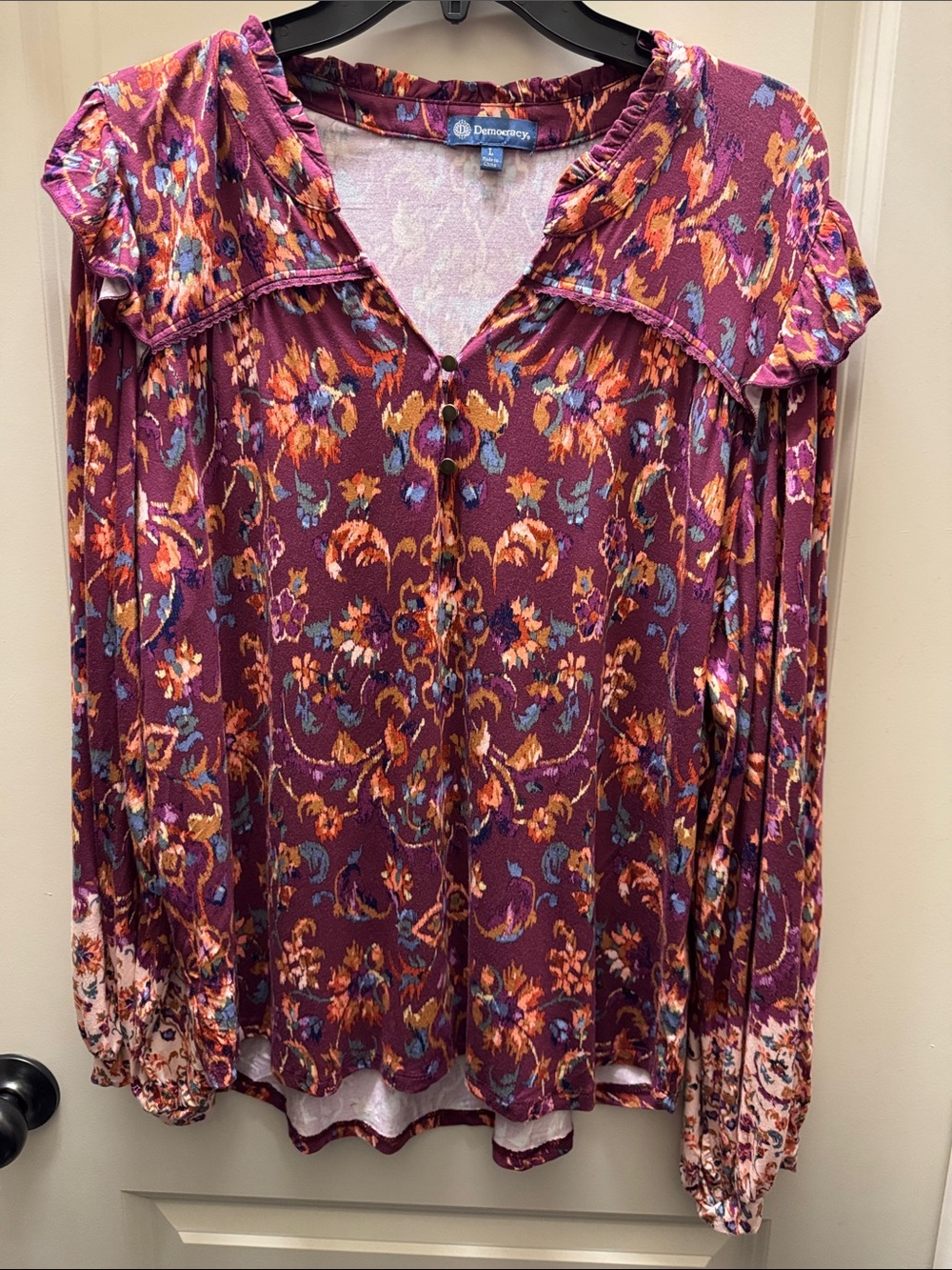 Democracy Plum Floral Button-Front Ruffle Blouse